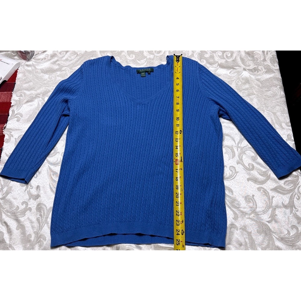 Lauren Ralph Lauren Blue Cable Knit V-Neck Cotton Sweater 1X Plus 3/4 Sleeve - Picture 2 of 5